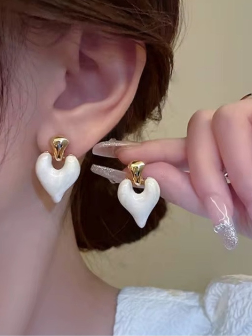 Elegant White Heart Drop Earrings with Gold Accent - Women's Jewelry